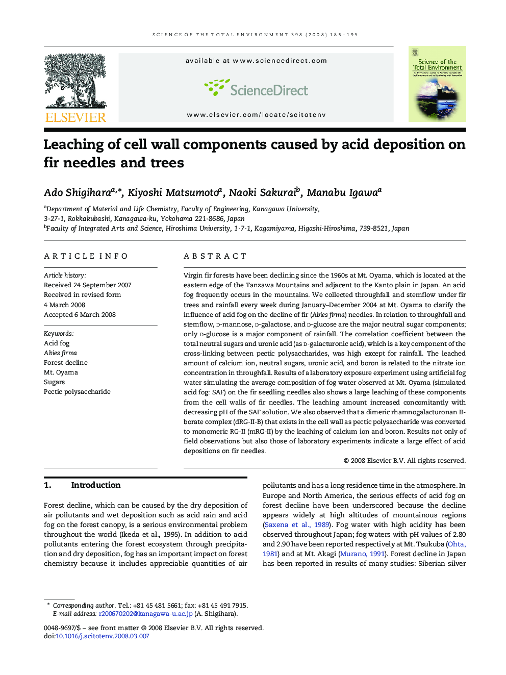 Leaching of cell wall components caused by acid deposition on fir needles and trees