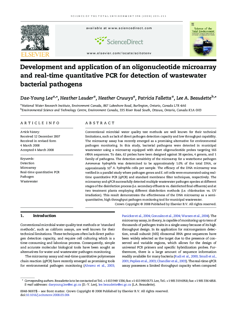 Development and application of an oligonucleotide microarray and real-time quantitative PCR for detection of wastewater bacterial pathogens