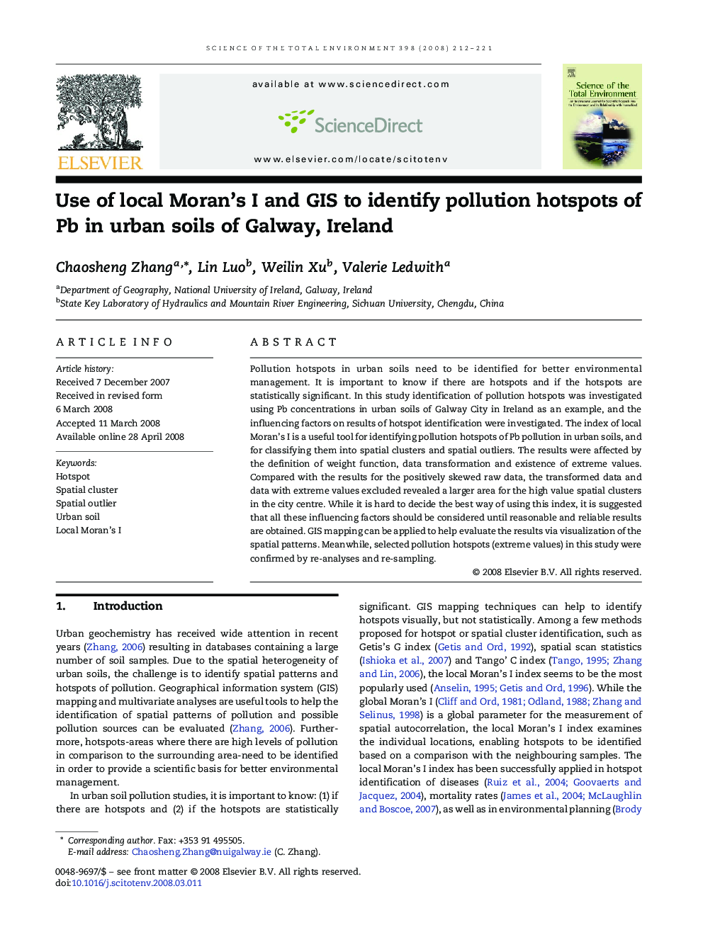 Use of local Moran's I and GIS to identify pollution hotspots of Pb in urban soils of Galway, Ireland