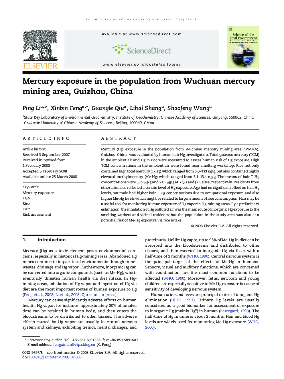 Mercury exposure in the population from Wuchuan mercury mining area, Guizhou, China