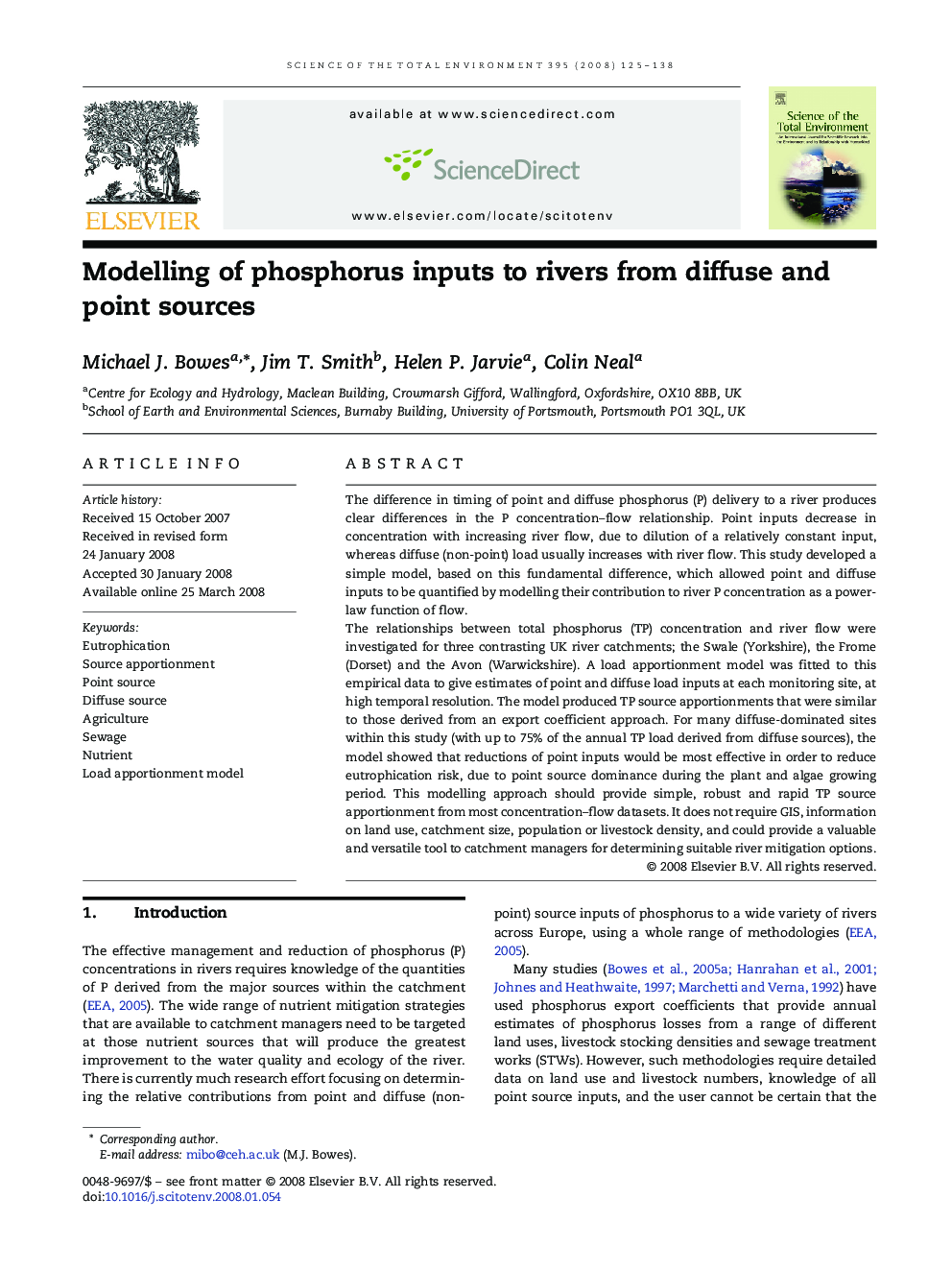 Modelling of phosphorus inputs to rivers from diffuse and point sources