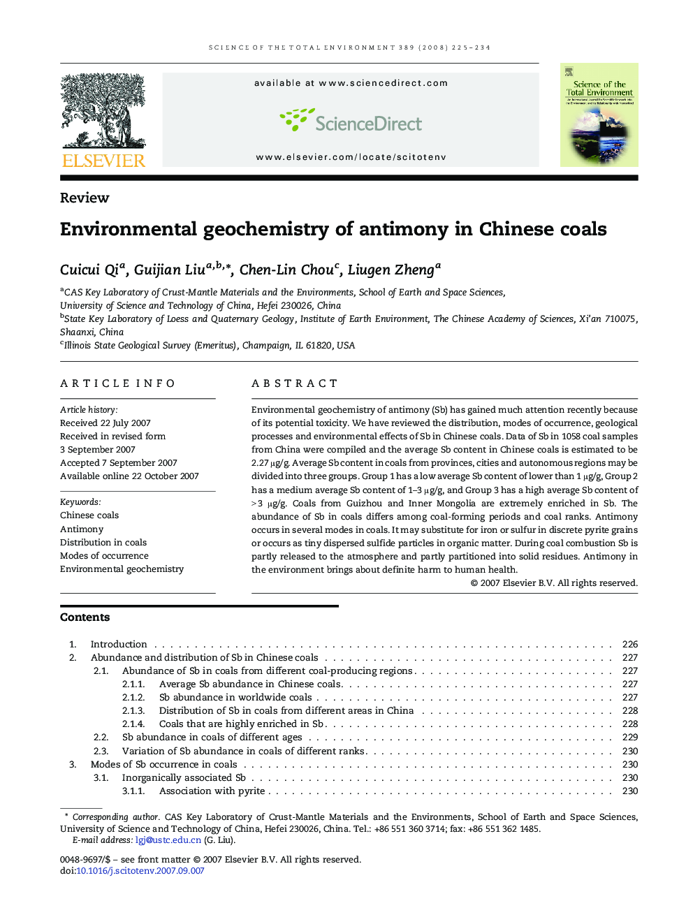 Environmental geochemistry of antimony in Chinese coals