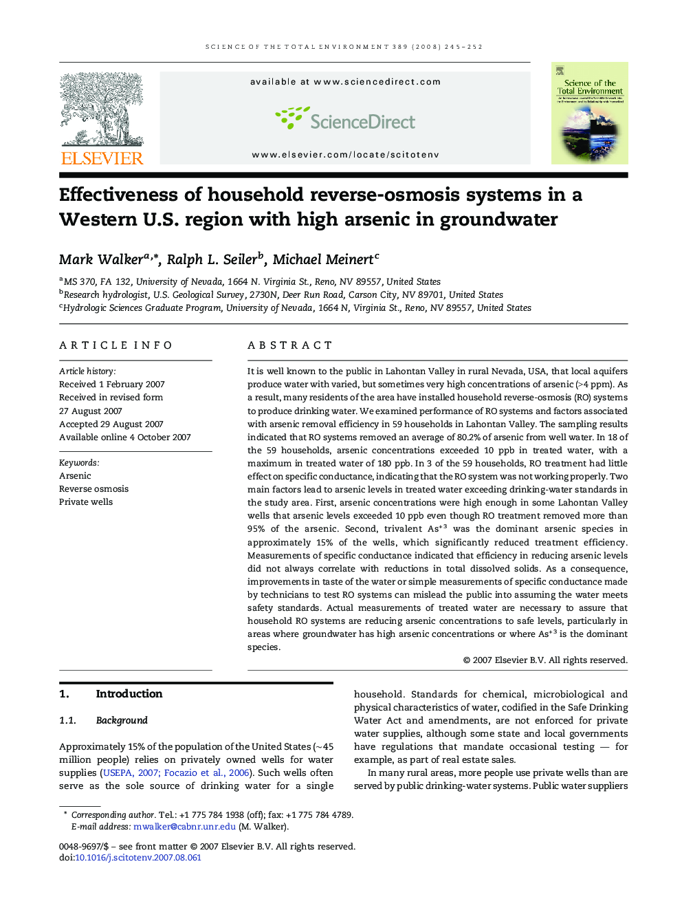 Effectiveness of household reverse-osmosis systems in a Western U.S. region with high arsenic in groundwater