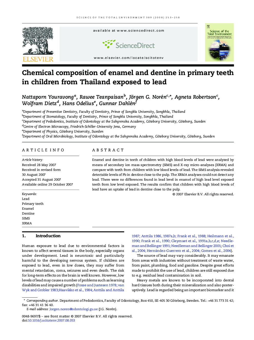 Chemical composition of enamel and dentine in primary teeth in children from Thailand exposed to lead