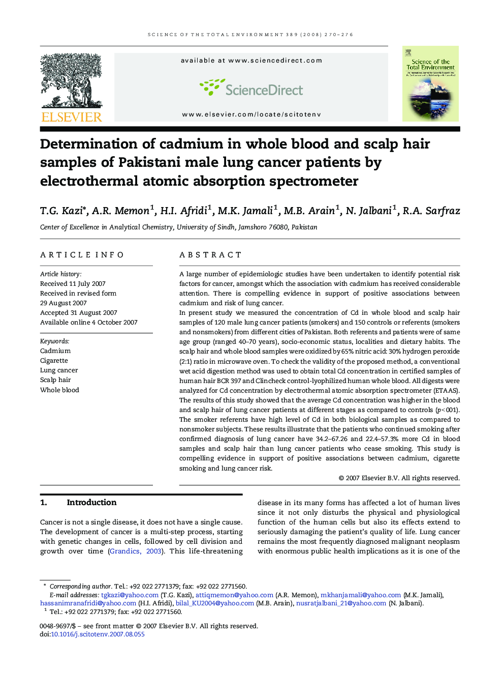 Determination of cadmium in whole blood and scalp hair samples of Pakistani male lung cancer patients by electrothermal atomic absorption spectrometer