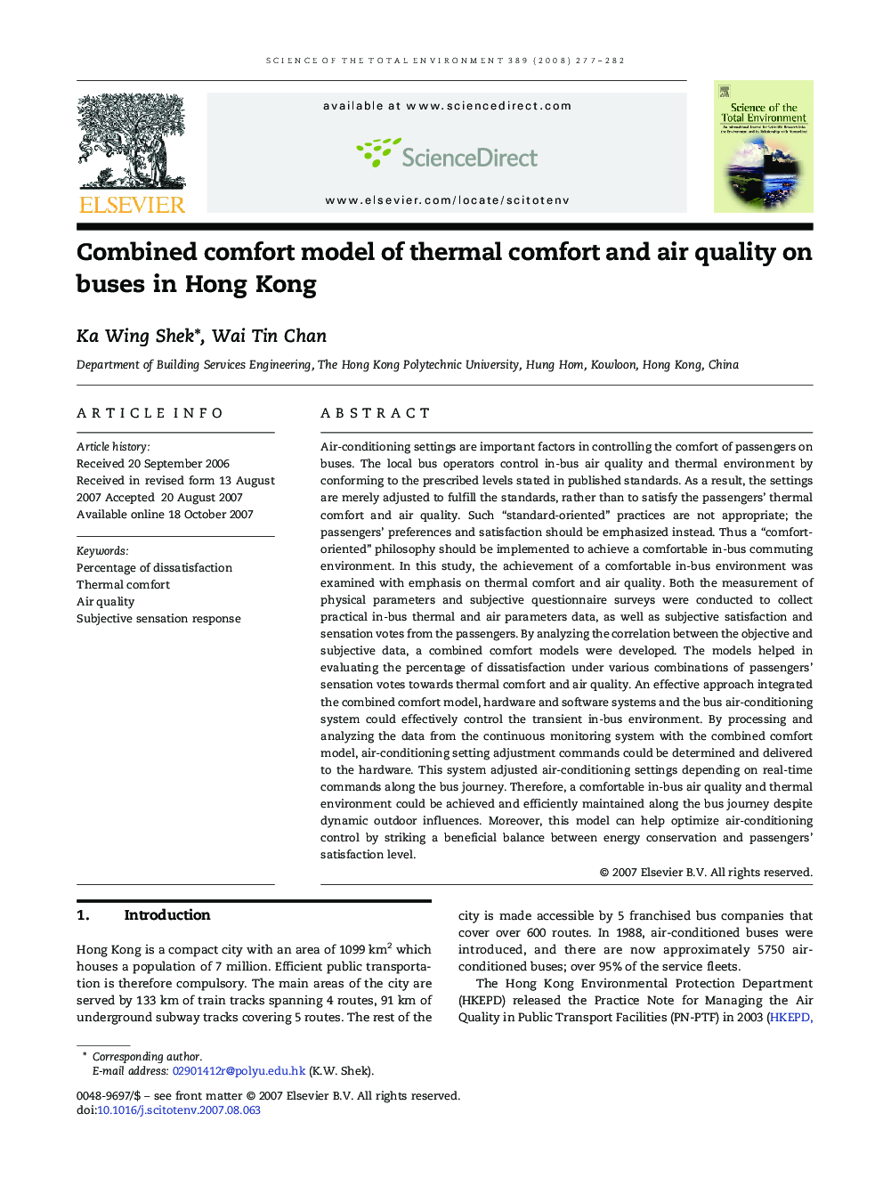Combined comfort model of thermal comfort and air quality on buses in Hong Kong