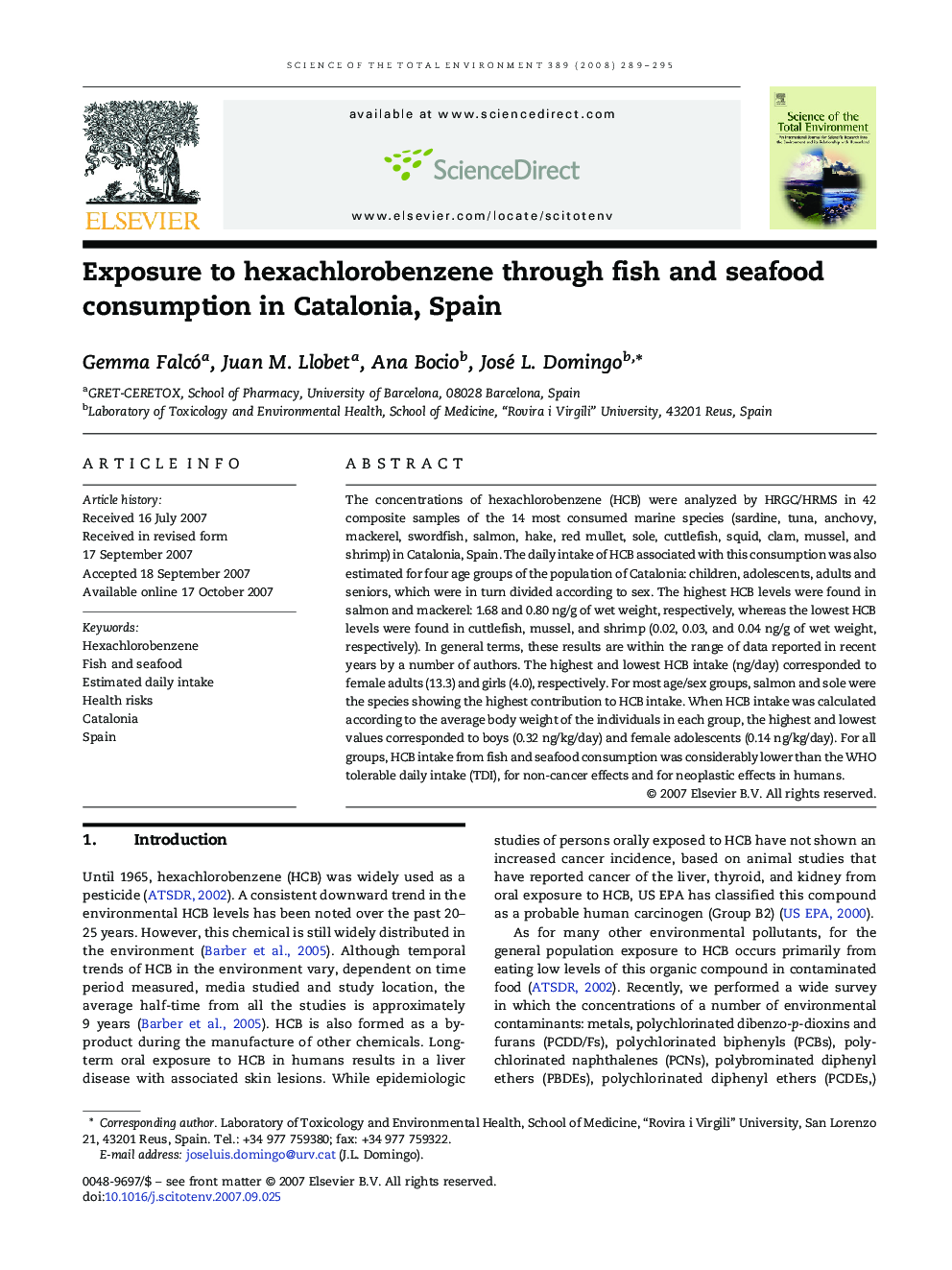 Exposure to hexachlorobenzene through fish and seafood consumption in Catalonia, Spain