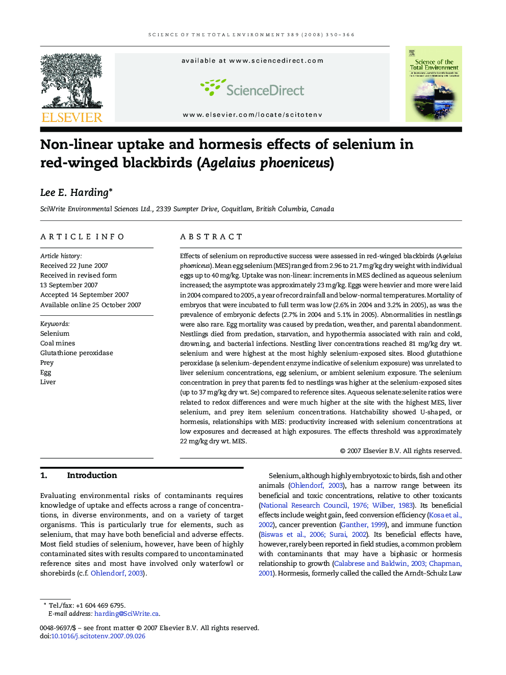 Non-linear uptake and hormesis effects of selenium in red-winged blackbirds (Agelaius phoeniceus)