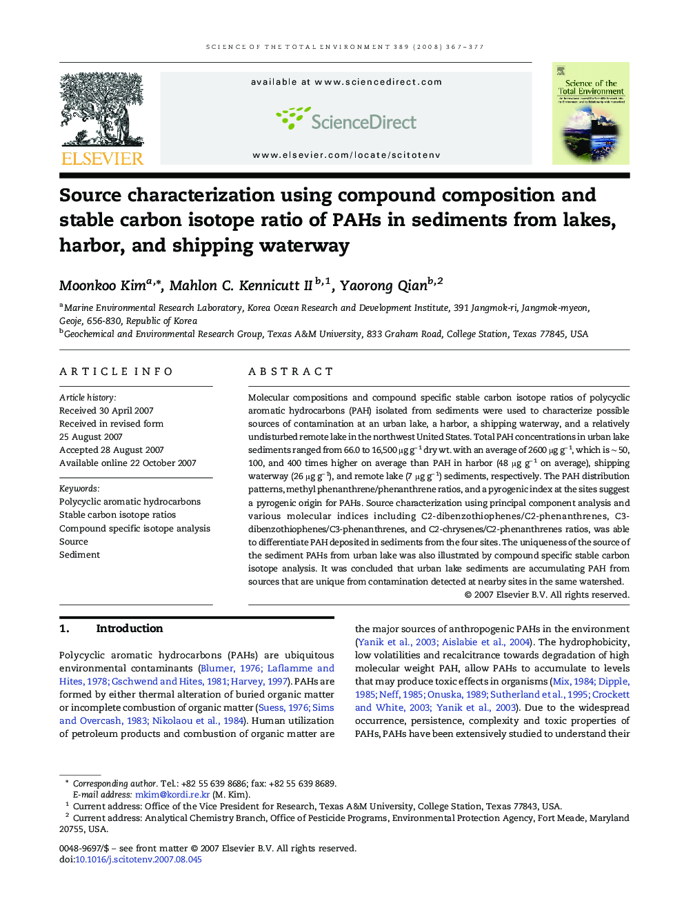 Source characterization using compound composition and stable carbon isotope ratio of PAHs in sediments from lakes, harbor, and shipping waterway