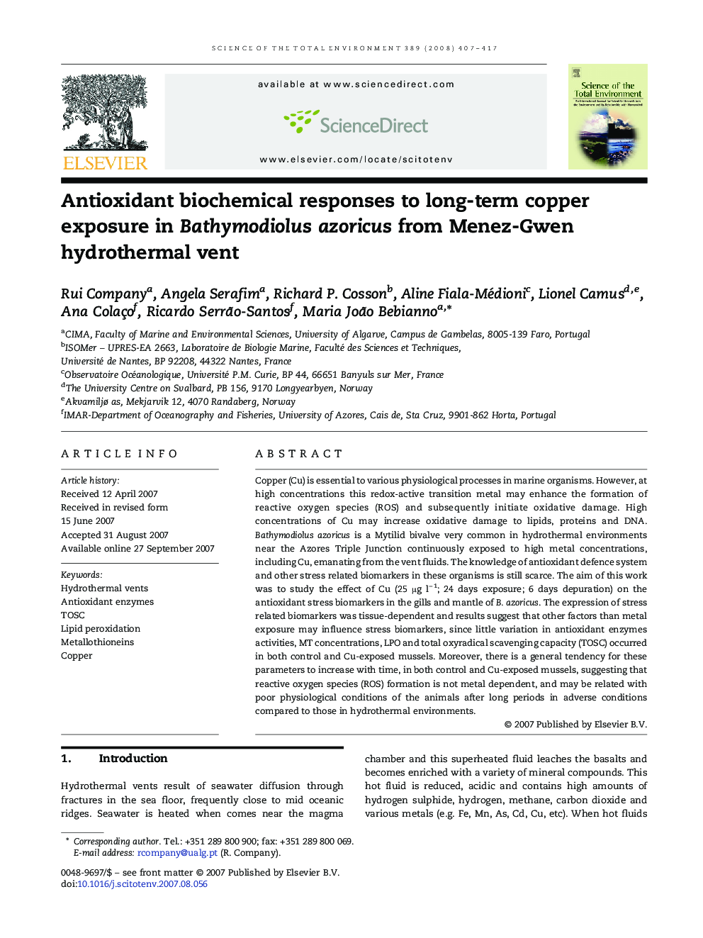 Antioxidant biochemical responses to long-term copper exposure in Bathymodiolus azoricus from Menez-Gwen hydrothermal vent