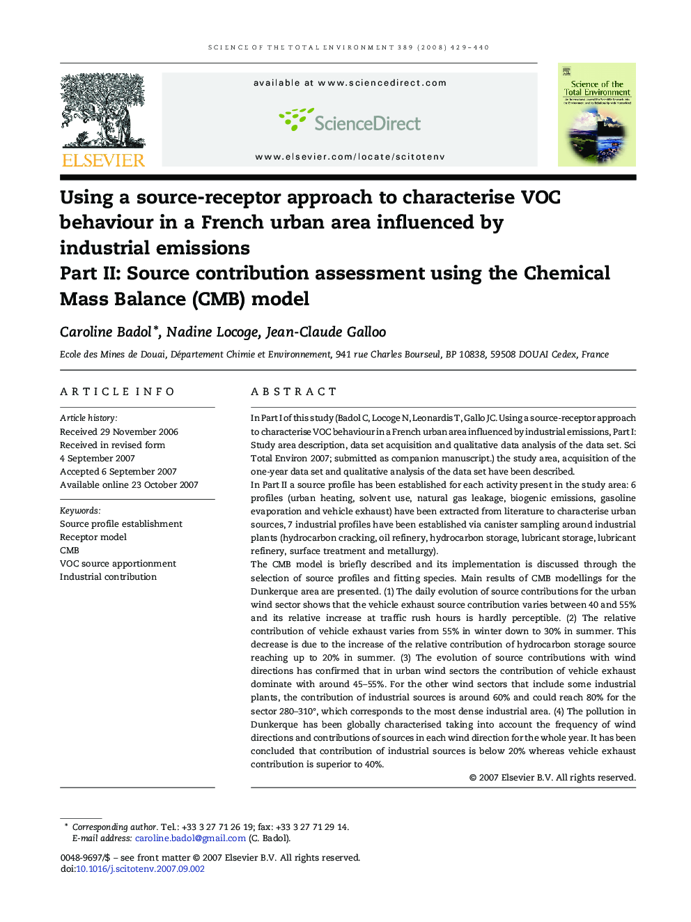 Using a source-receptor approach to characterise VOC behaviour in a French urban area influenced by industrial emissions: Part II: Source contribution assessment using the Chemical Mass Balance (CMB) model