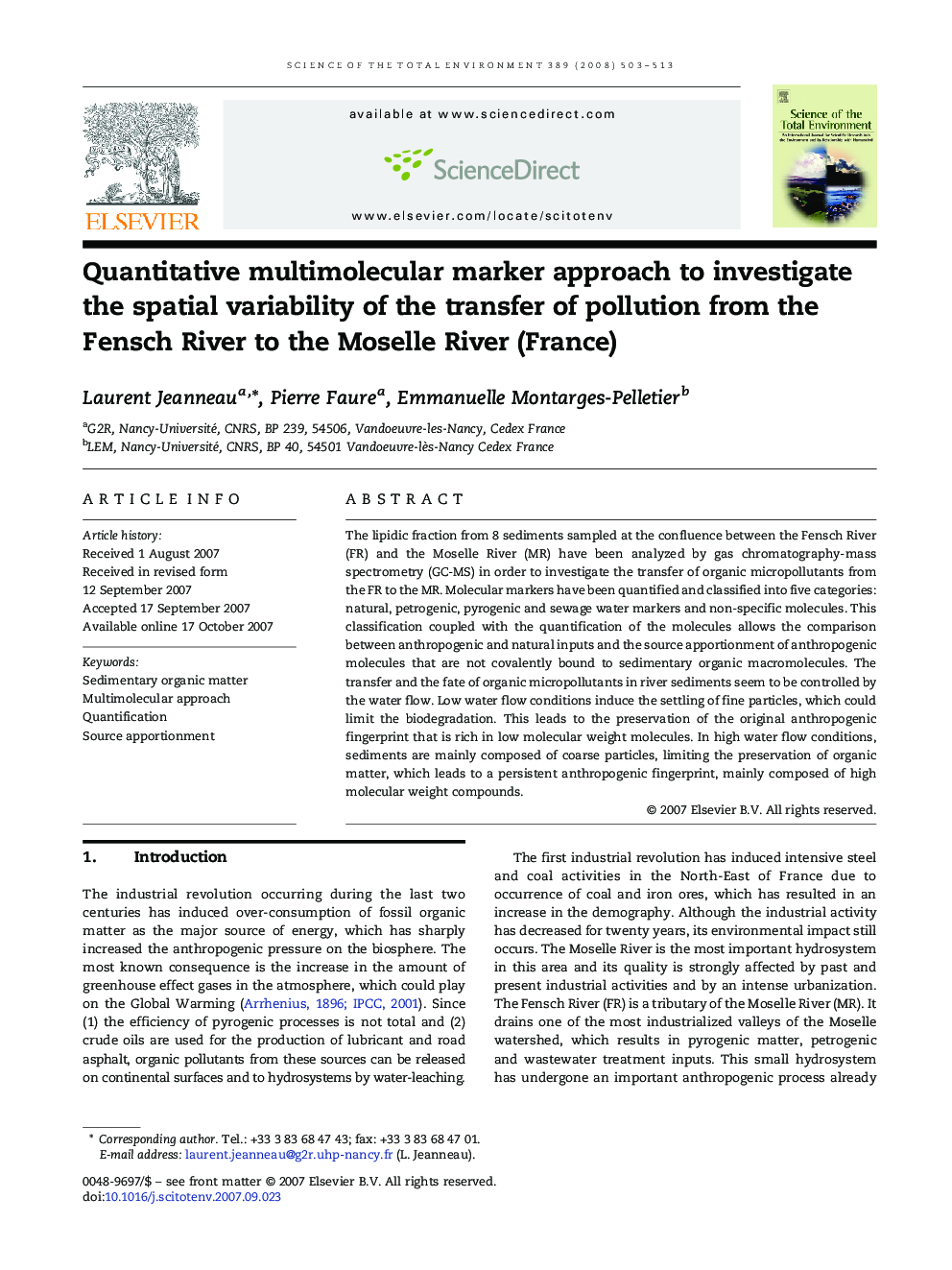 Quantitative multimolecular marker approach to investigate the spatial variability of the transfer of pollution from the Fensch River to the Moselle River (France)