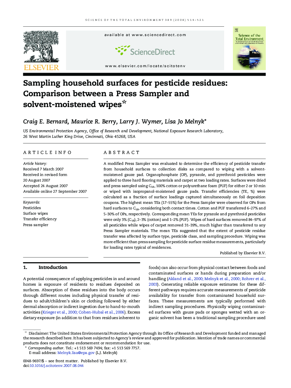 Sampling household surfaces for pesticide residues: Comparison between a Press Sampler and solvent-moistened wipes 
