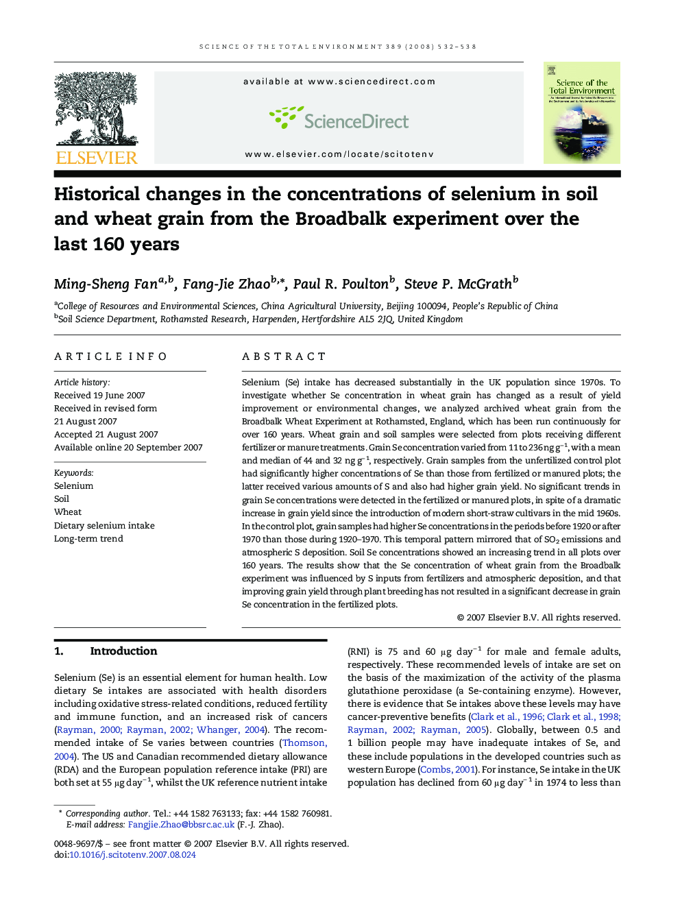 Historical changes in the concentrations of selenium in soil and wheat grain from the Broadbalk experiment over the last 160 years