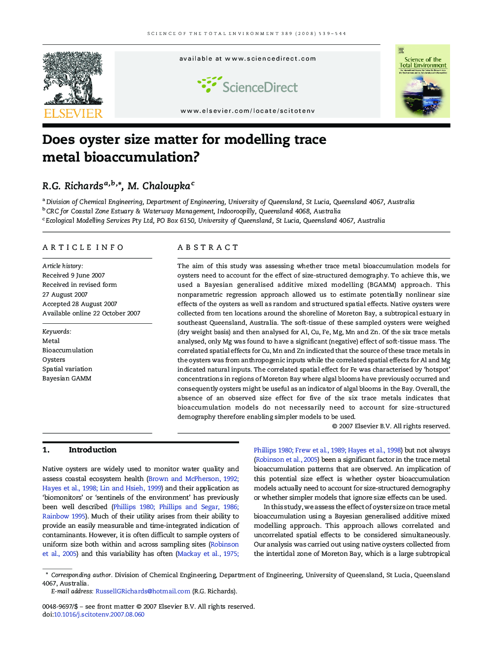 Does oyster size matter for modelling trace metal bioaccumulation?