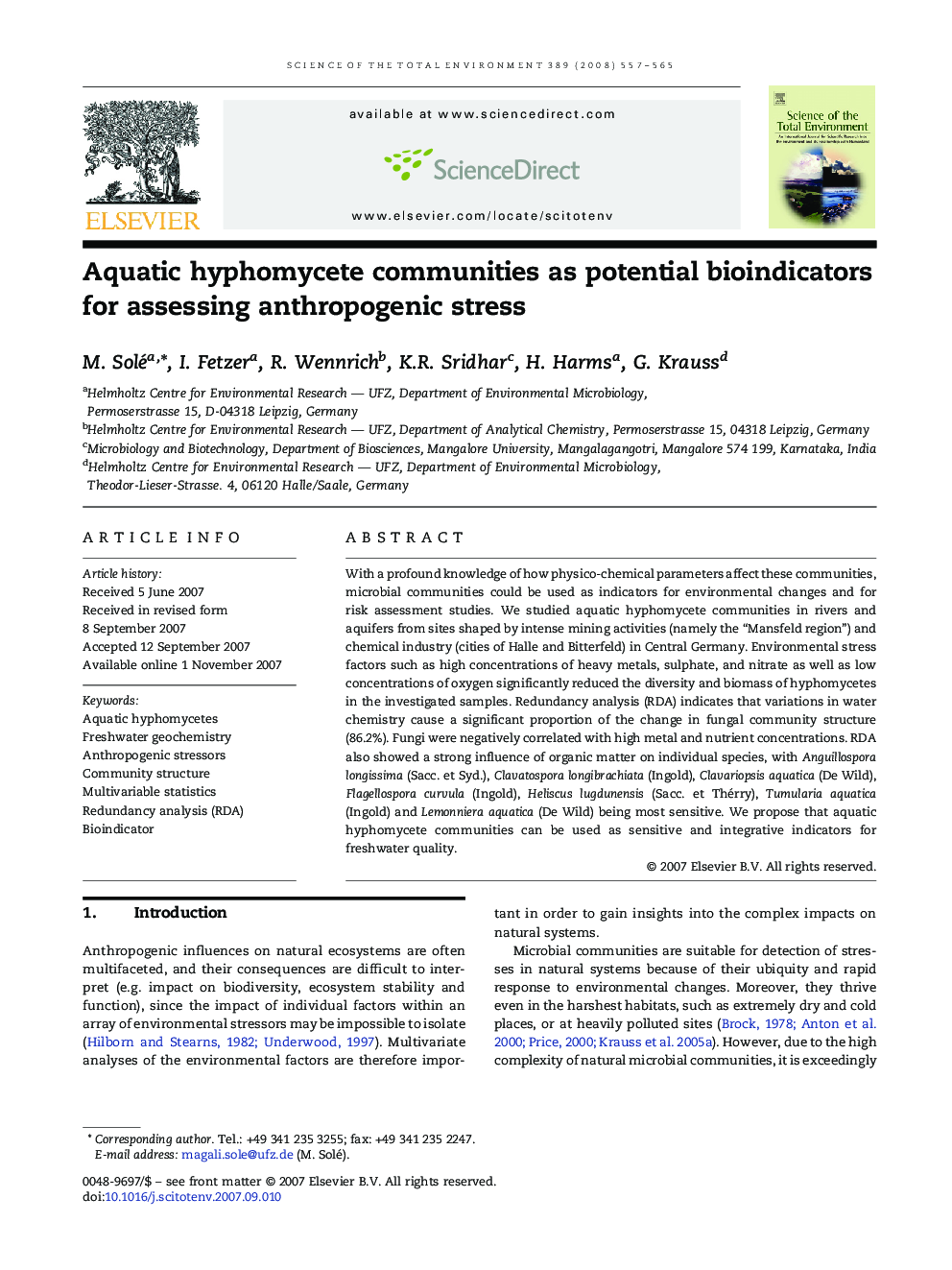 Aquatic hyphomycete communities as potential bioindicators for assessing anthropogenic stress