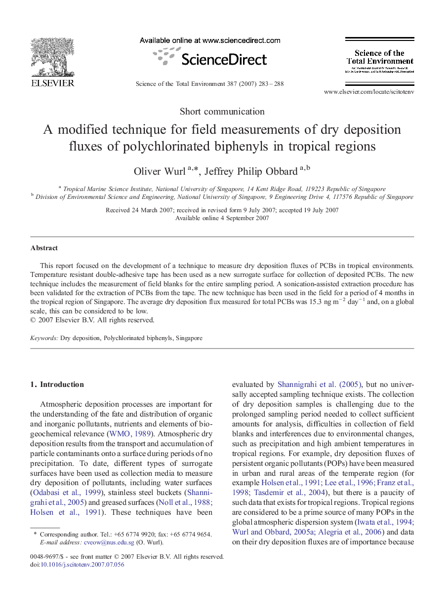 A modified technique for field measurements of dry deposition fluxes of polychlorinated biphenyls in tropical regions