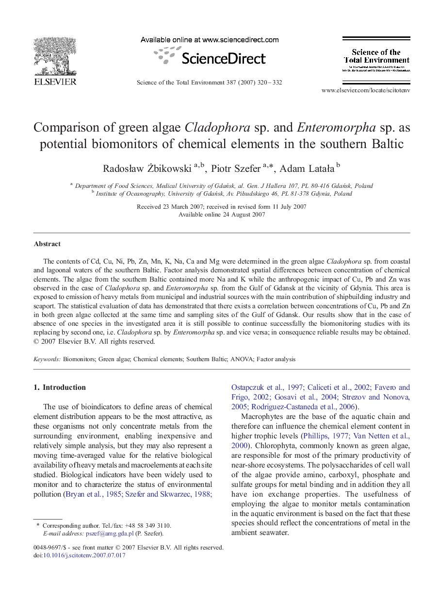 Comparison of green algae Cladophora sp. and Enteromorpha sp. as potential biomonitors of chemical elements in the southern Baltic