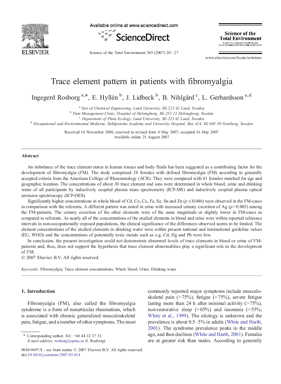 Trace element pattern in patients with fibromyalgia