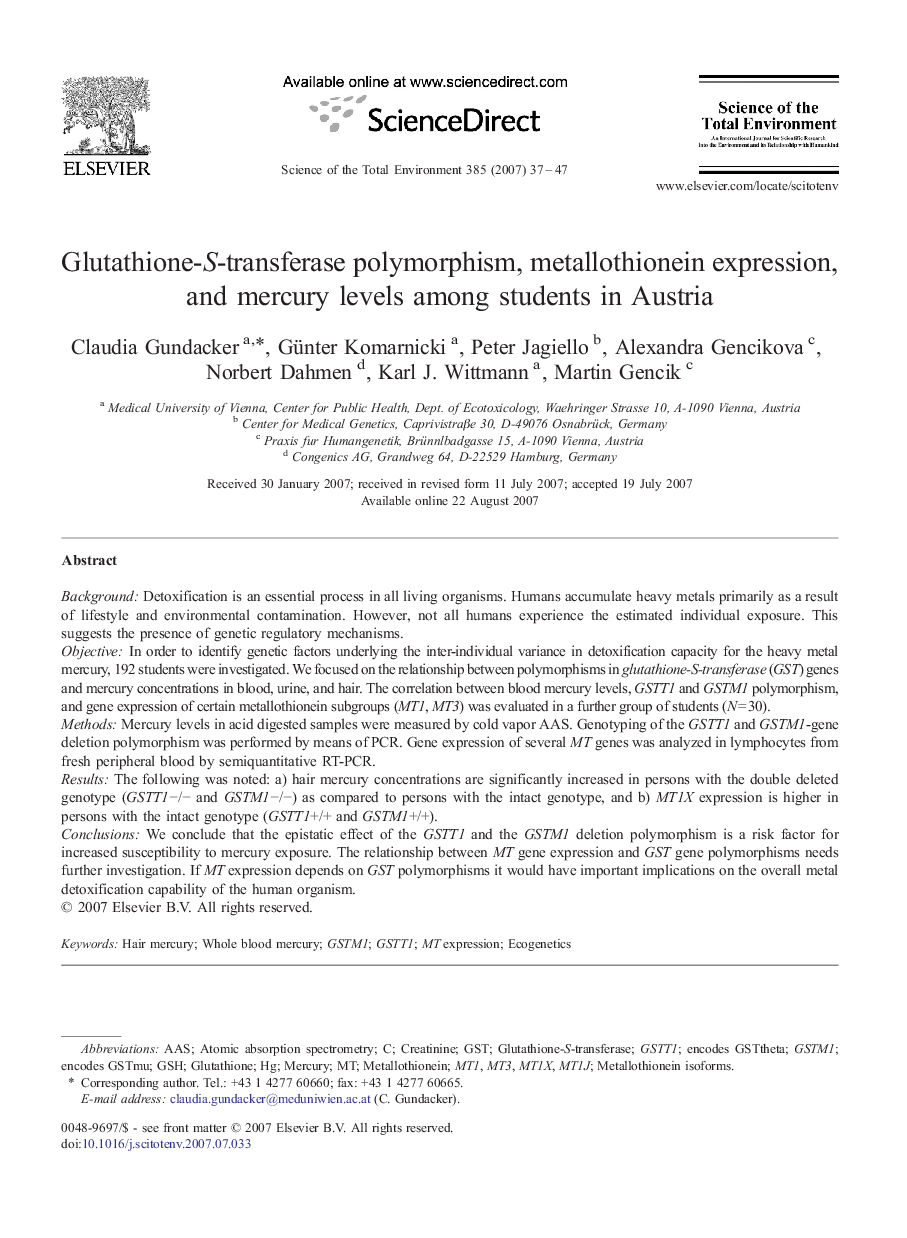 Glutathione-S-transferase polymorphism, metallothionein expression, and mercury levels among students in Austria