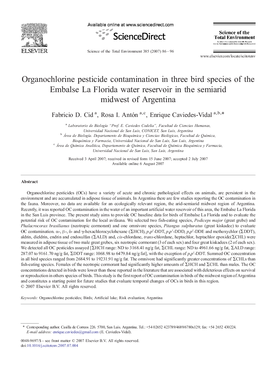 Organochlorine pesticide contamination in three bird species of the Embalse La Florida water reservoir in the semiarid midwest of Argentina