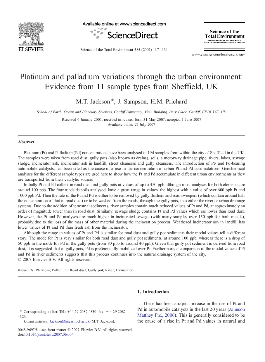 Platinum and palladium variations through the urban environment: Evidence from 11 sample types from Sheffield, UK