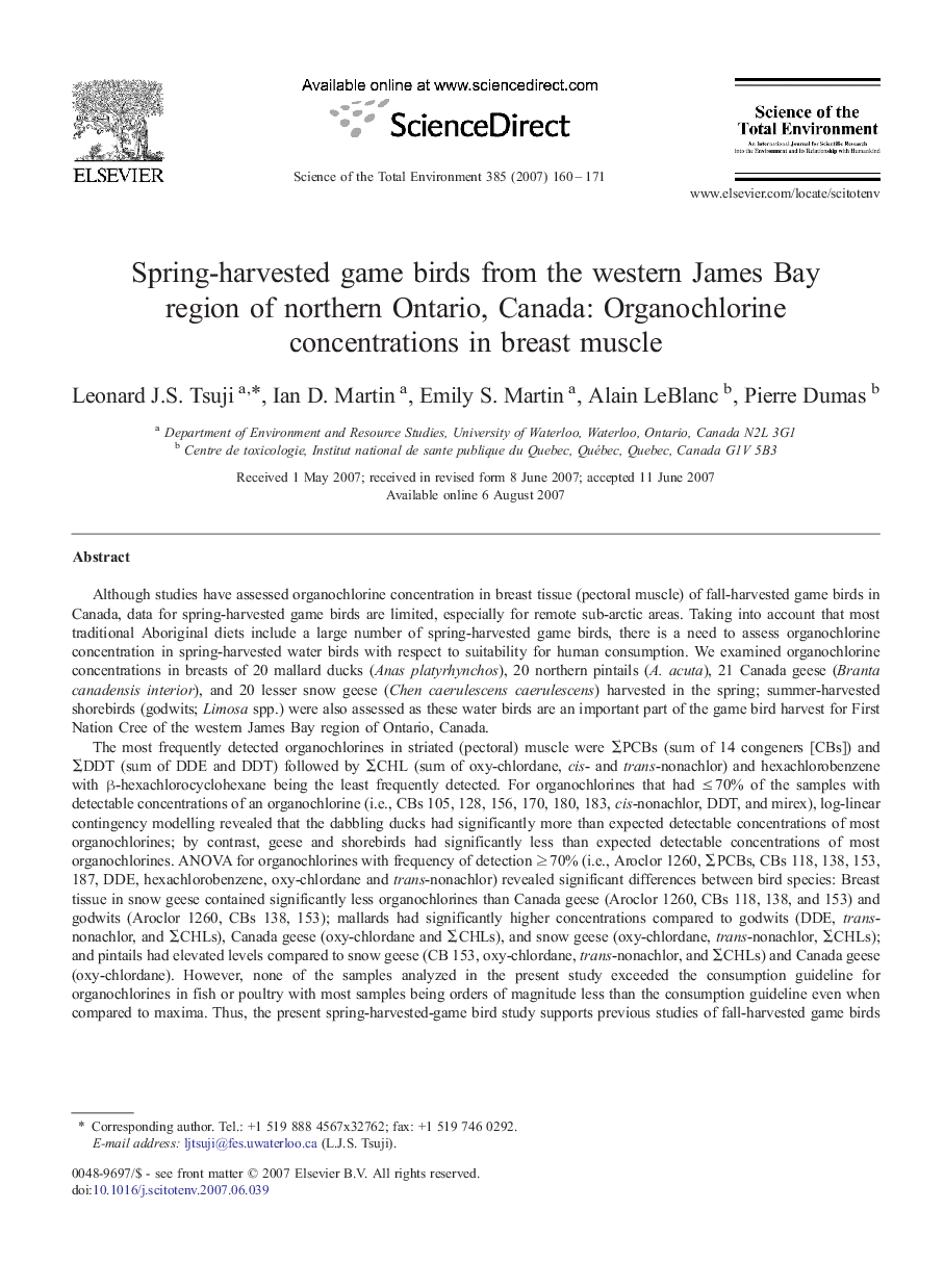 Spring-harvested game birds from the western James Bay region of northern Ontario, Canada: Organochlorine concentrations in breast muscle