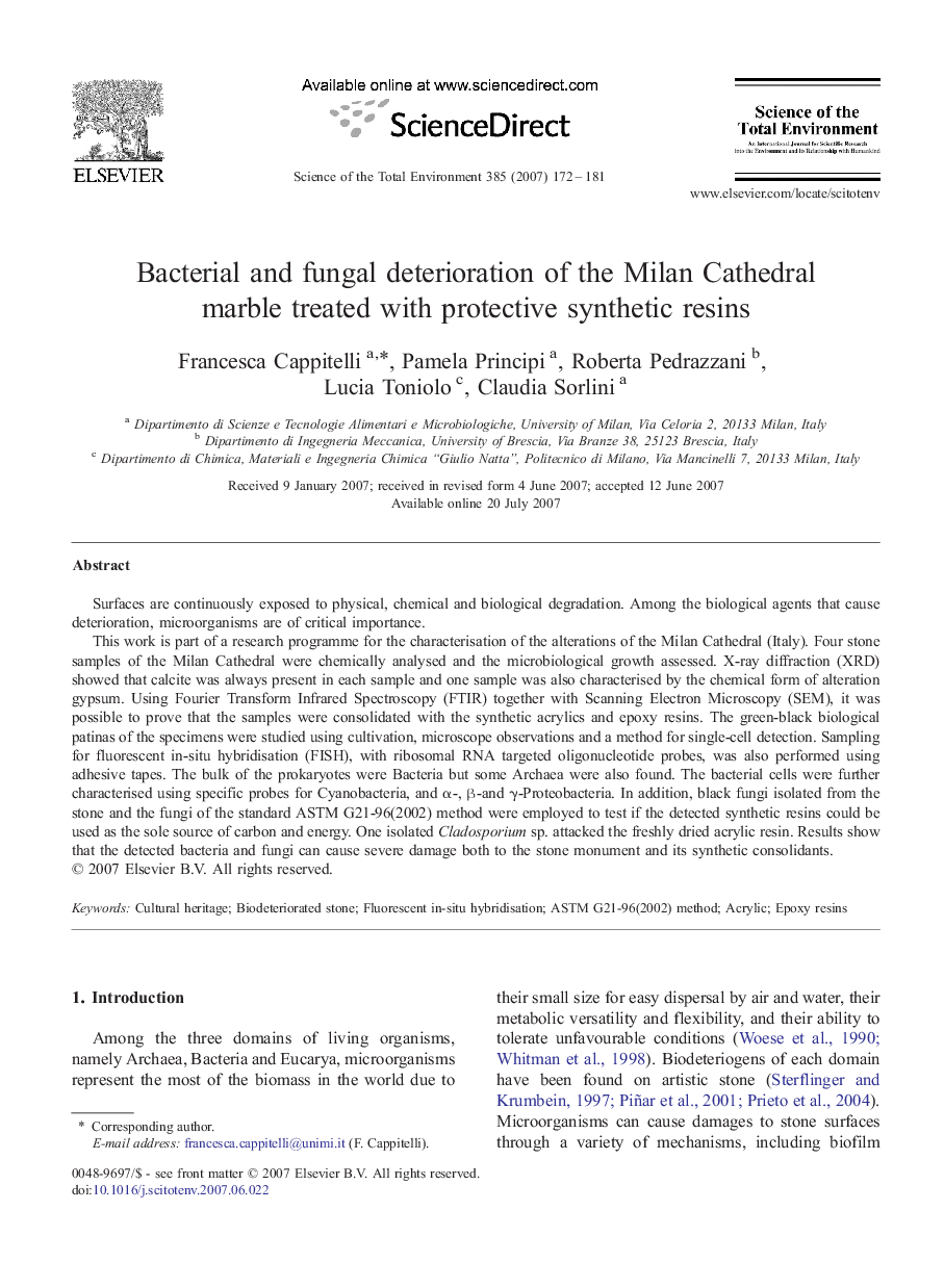 Bacterial and fungal deterioration of the Milan Cathedral marble treated with protective synthetic resins