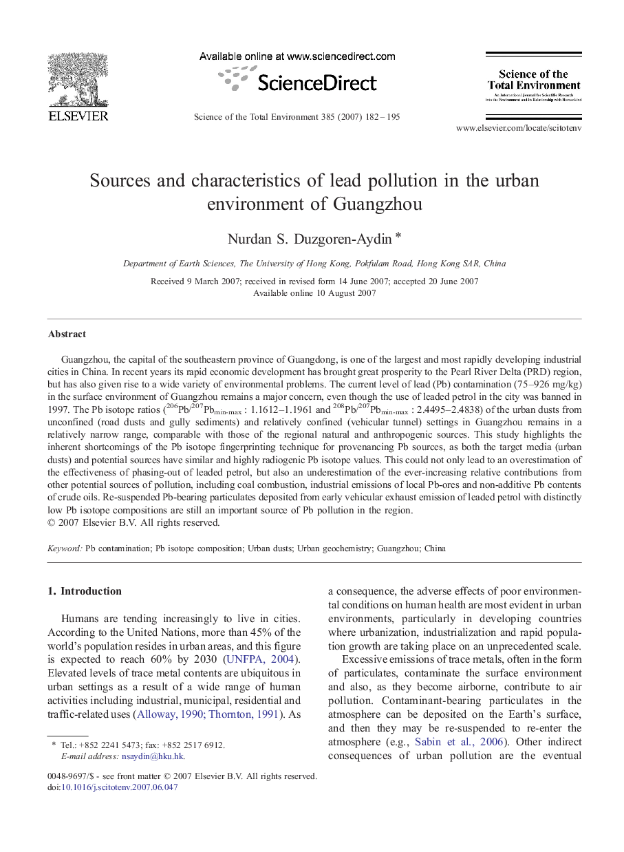 Sources and characteristics of lead pollution in the urban environment of Guangzhou