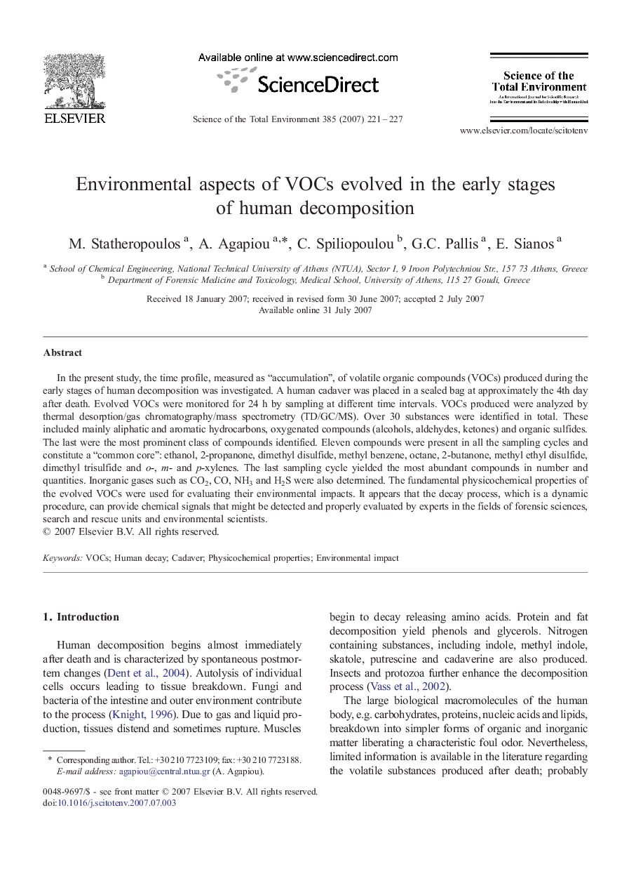 Environmental aspects of VOCs evolved in the early stages of human decomposition