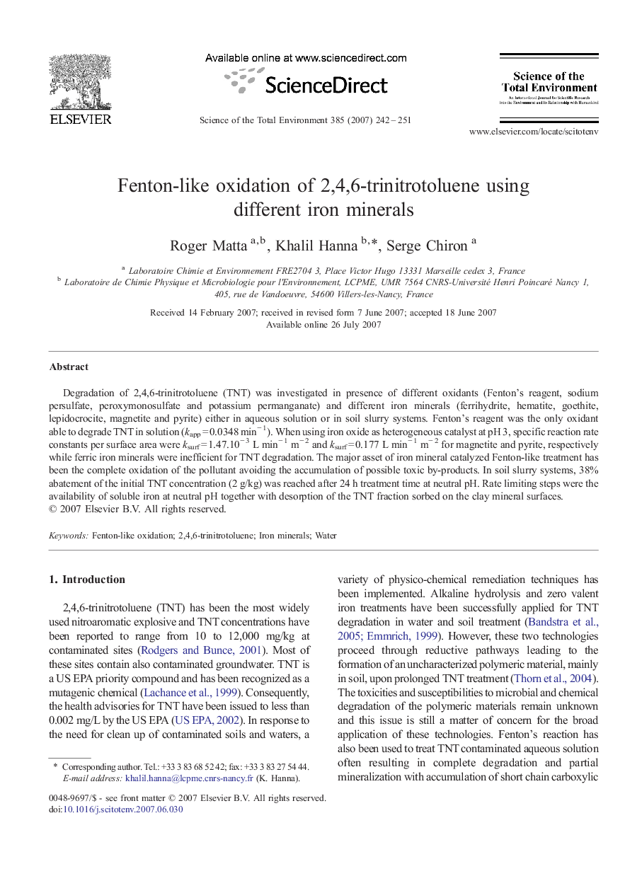 Fenton-like oxidation of 2,4,6-trinitrotoluene using different iron minerals