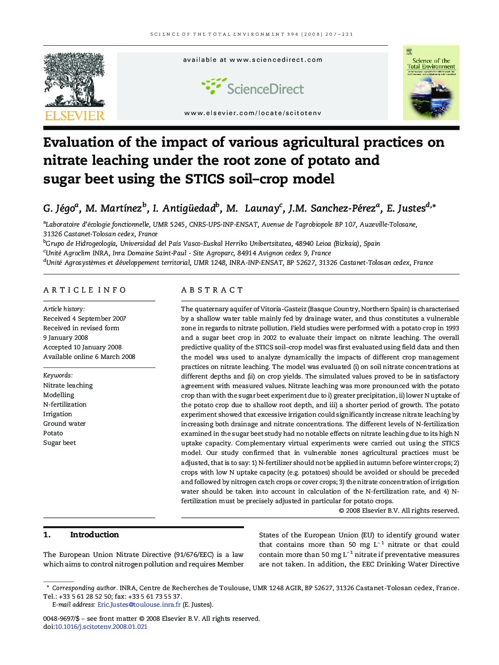 Evaluation of the impact of various agricultural practices on nitrate leaching under the root zone of potato and sugar beet using the STICS soil–crop model