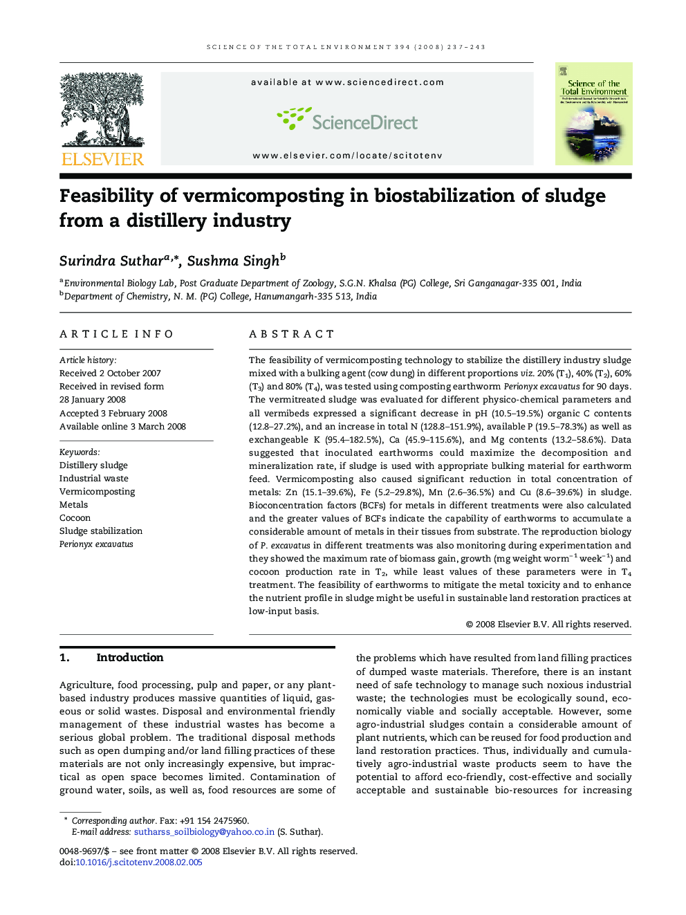 Feasibility of vermicomposting in biostabilization of sludge from a distillery industry