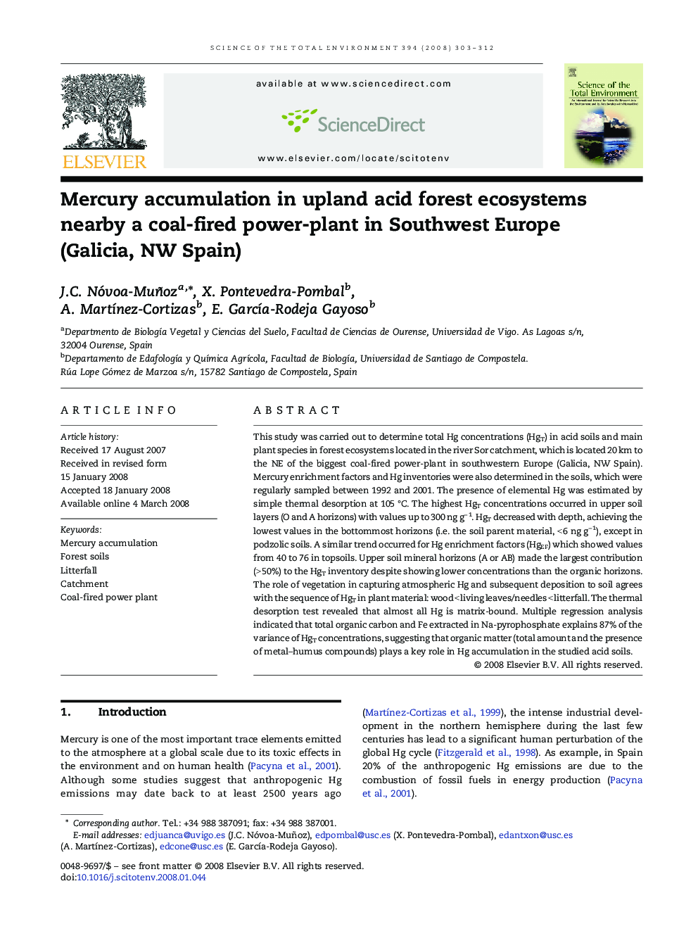 Mercury accumulation in upland acid forest ecosystems nearby a coal-fired power-plant in Southwest Europe (Galicia, NW Spain)