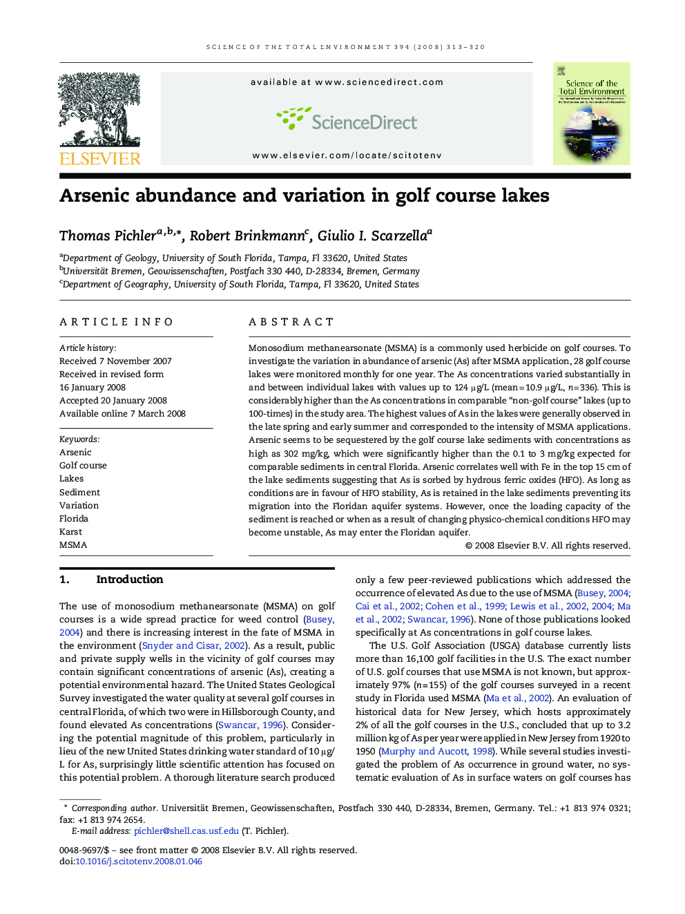 Arsenic abundance and variation in golf course lakes