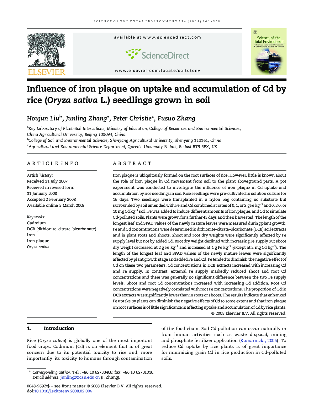 Influence of iron plaque on uptake and accumulation of Cd by rice (Oryza sativa L.) seedlings grown in soil