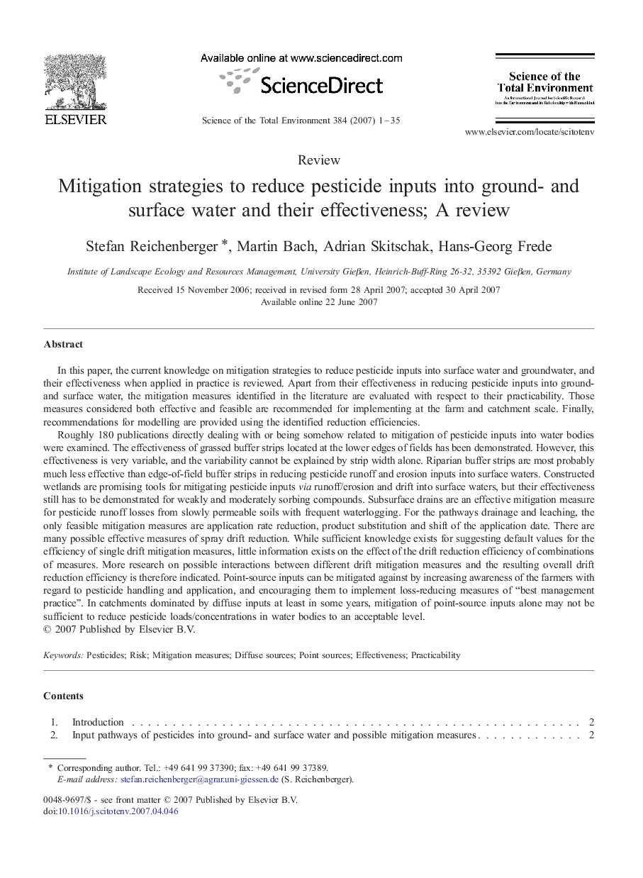 Mitigation strategies to reduce pesticide inputs into ground- and surface water and their effectiveness; A review