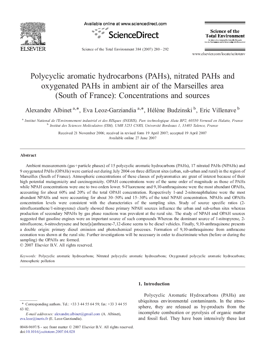 Polycyclic aromatic hydrocarbons (PAHs), nitrated PAHs and oxygenated PAHs in ambient air of the Marseilles area (South of France): Concentrations and sources