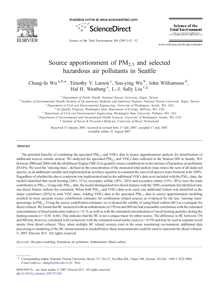 Source apportionment of PM2.5 and selected hazardous air pollutants in Seattle