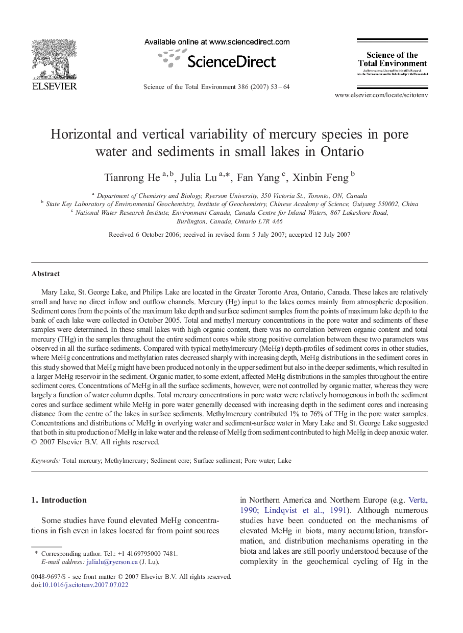 Horizontal and vertical variability of mercury species in pore water and sediments in small lakes in Ontario