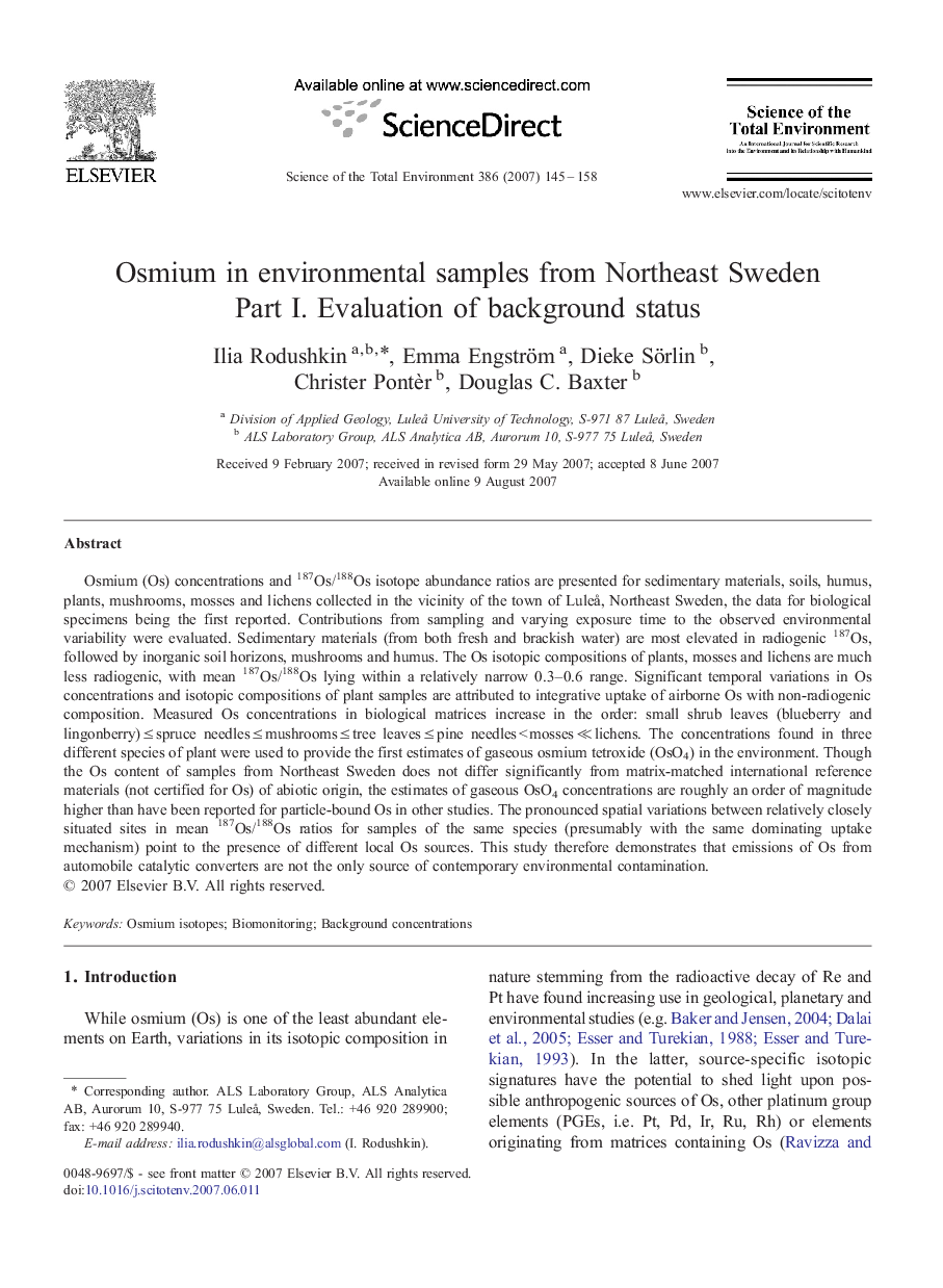 Osmium in environmental samples from Northeast Sweden: Part I. Evaluation of background status