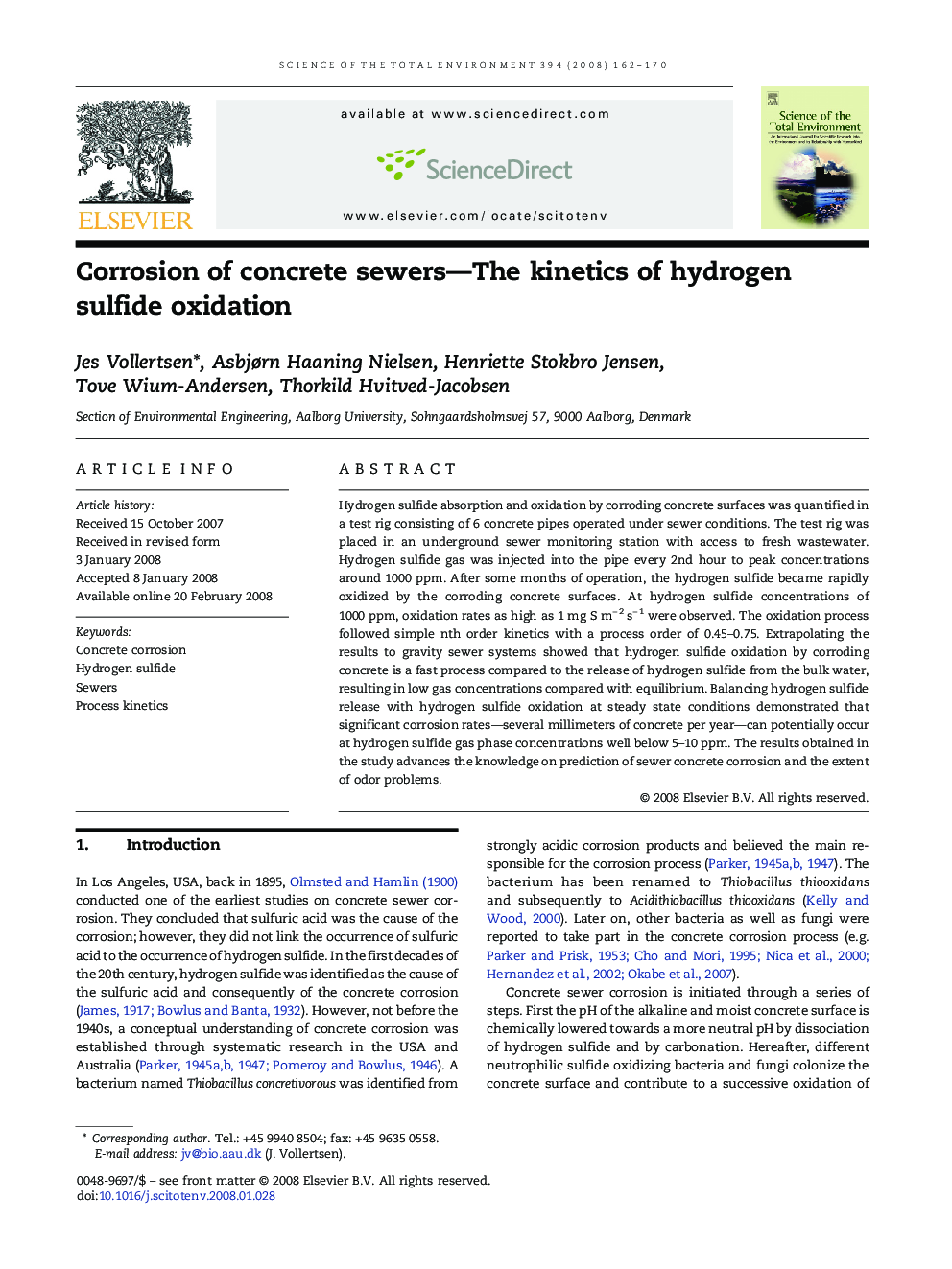 Corrosion of concrete sewers—The kinetics of hydrogen sulfide oxidation