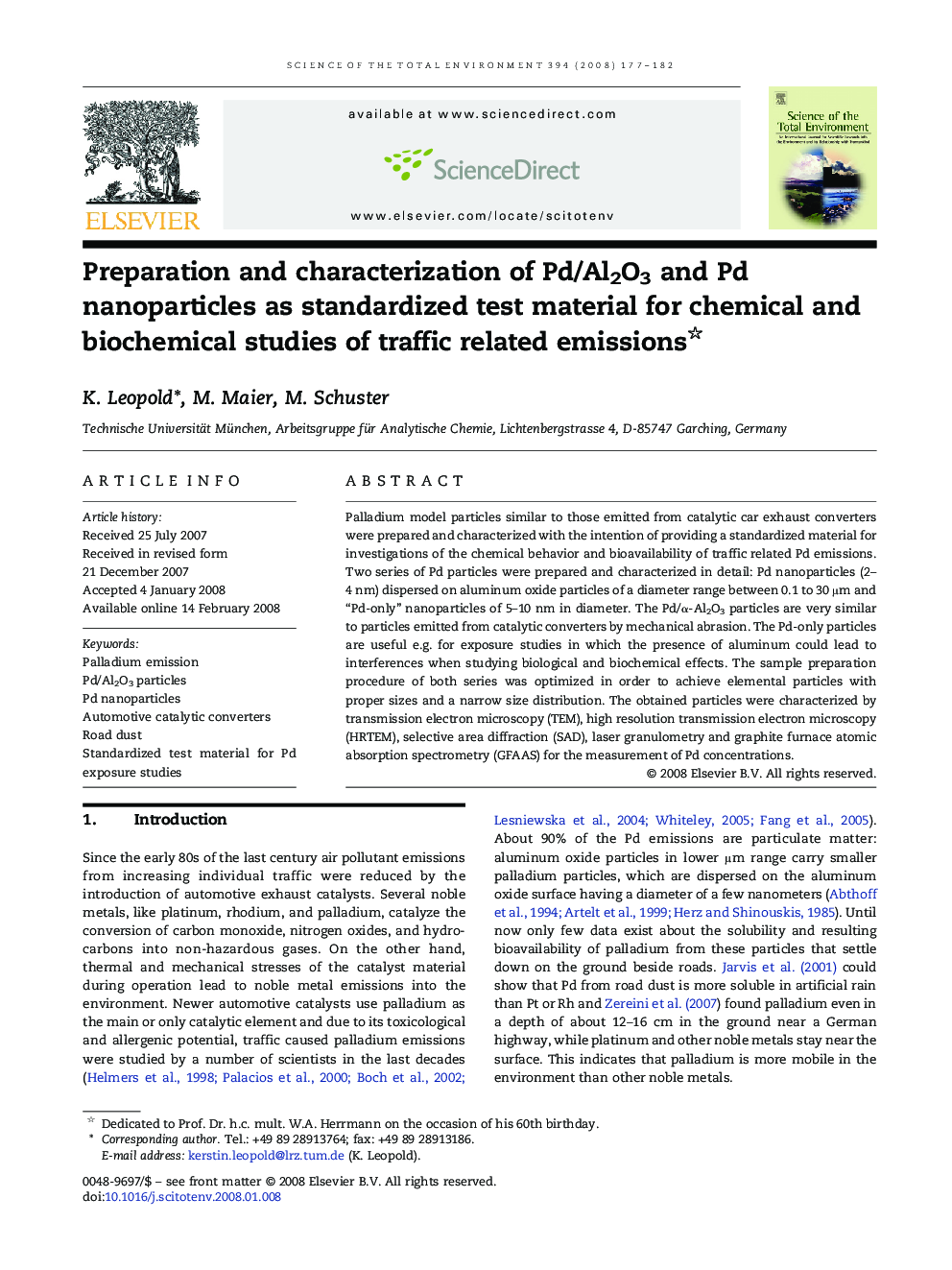 Preparation and characterization of Pd/Al2O3 and Pd nanoparticles as standardized test material for chemical and biochemical studies of traffic related emissions 