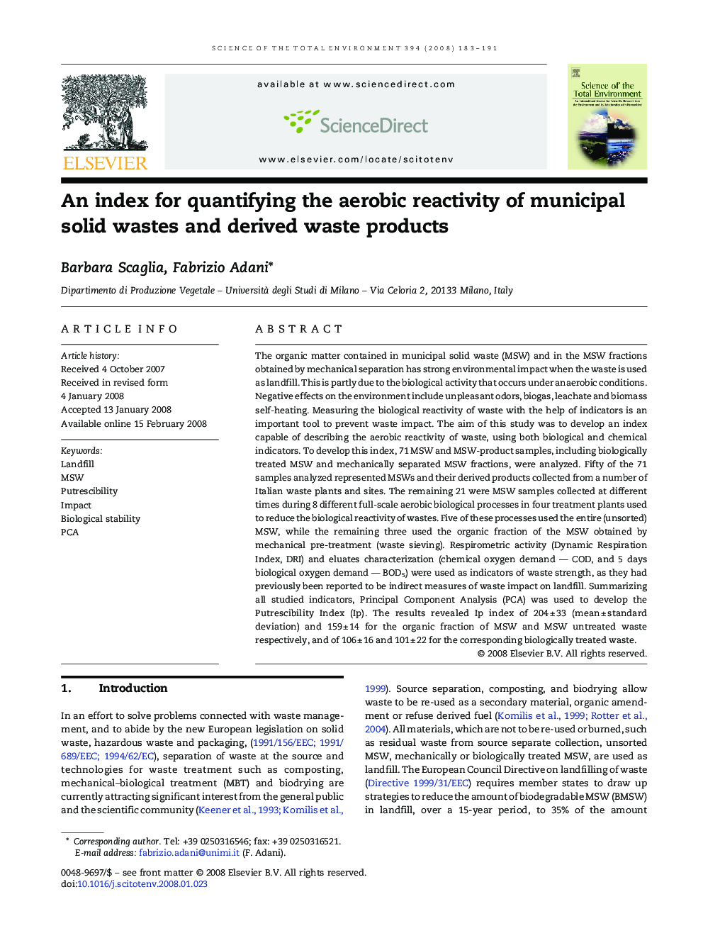 An index for quantifying the aerobic reactivity of municipal solid wastes and derived waste products