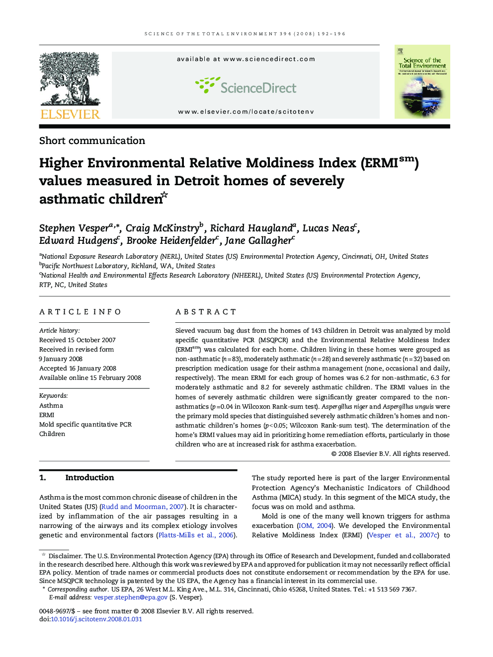 Higher Environmental Relative Moldiness Index (ERMIsm) values measured in Detroit homes of severely asthmatic children 