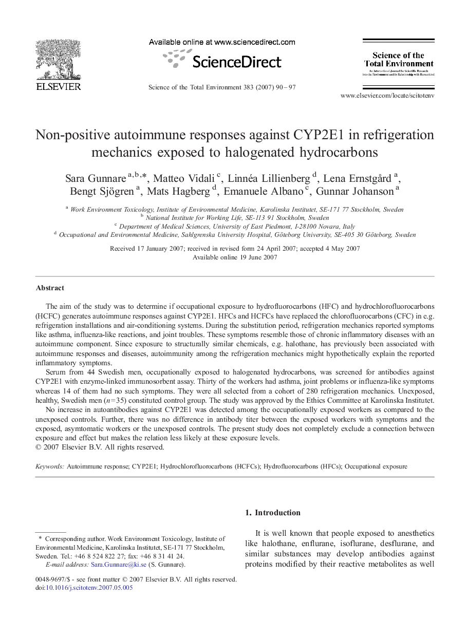 Non-positive autoimmune responses against CYP2E1 in refrigeration mechanics exposed to halogenated hydrocarbons