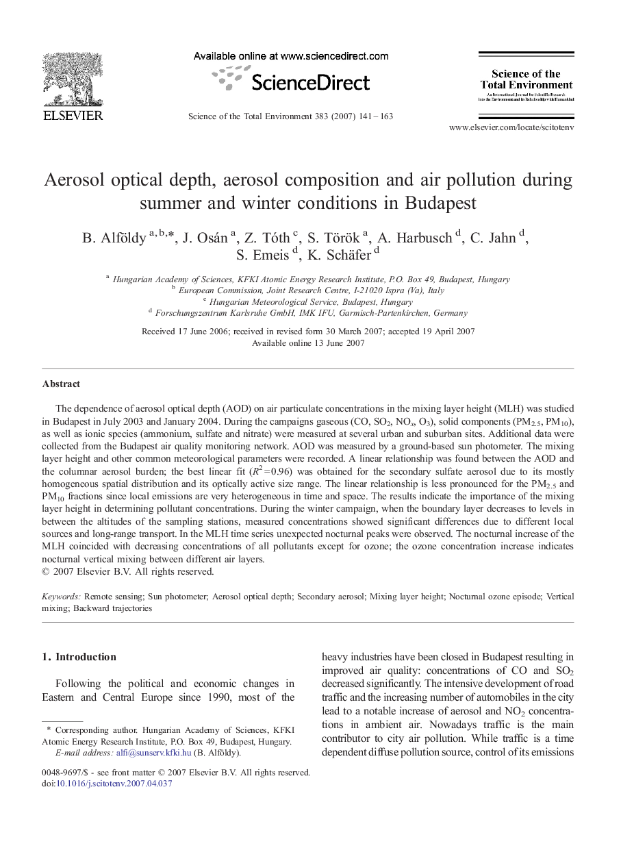 Aerosol optical depth, aerosol composition and air pollution during summer and winter conditions in Budapest