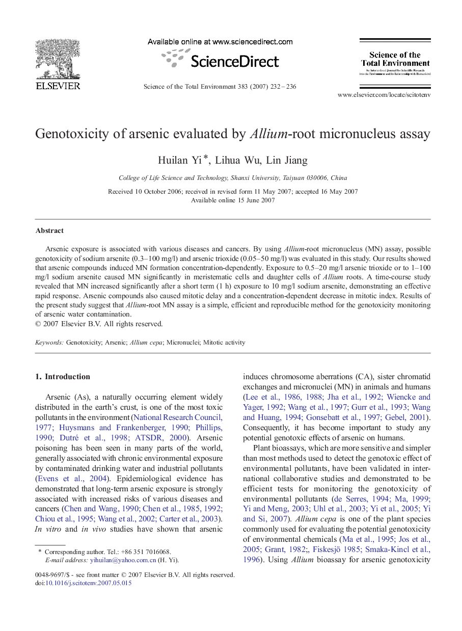 Genotoxicity of arsenic evaluated by Allium-root micronucleus assay