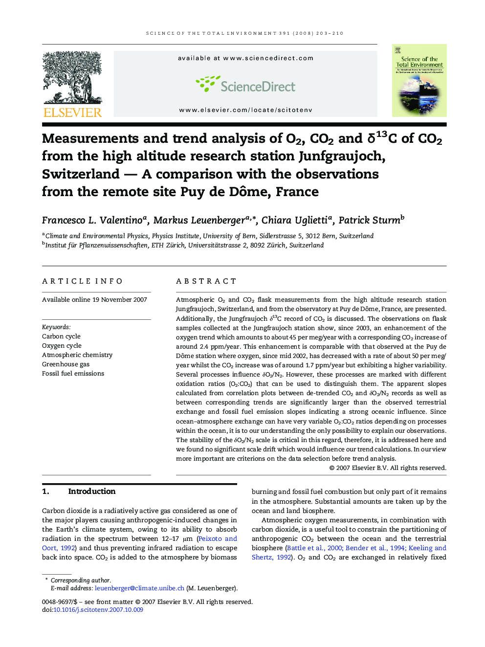 Measurements and trend analysis of O2, CO2 and δ13C of CO2 from the high altitude research station Junfgraujoch, Switzerland — A comparison with the observations from the remote site Puy de Dôme, France