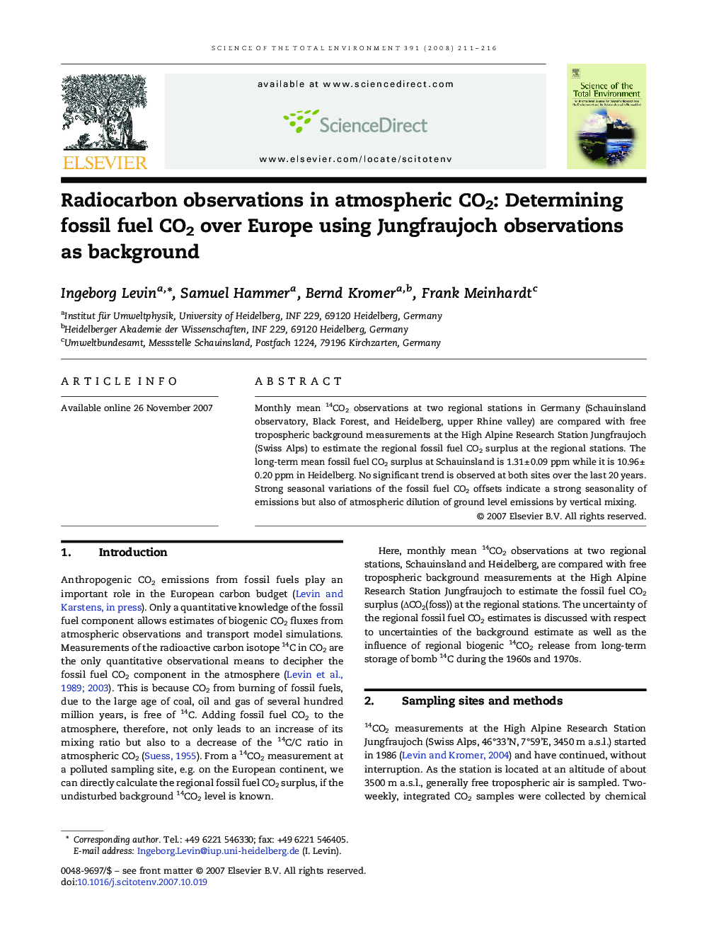 Radiocarbon observations in atmospheric CO2: Determining fossil fuel CO2 over Europe using Jungfraujoch observations as background